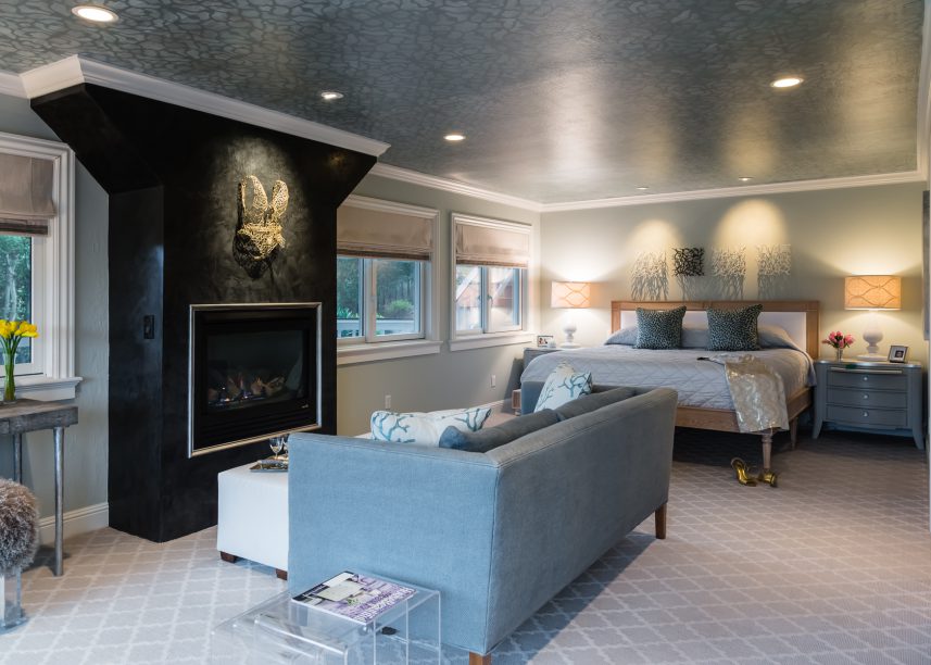 Dark And Moody Fireplace, Wallcovering Ceiling, Metal Torso Sculpture