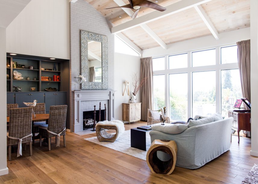 Rustic Glam Living Room, Pitched Ceilings, Bright And Airy, Grey Fireplace, Modern Organic Side Table