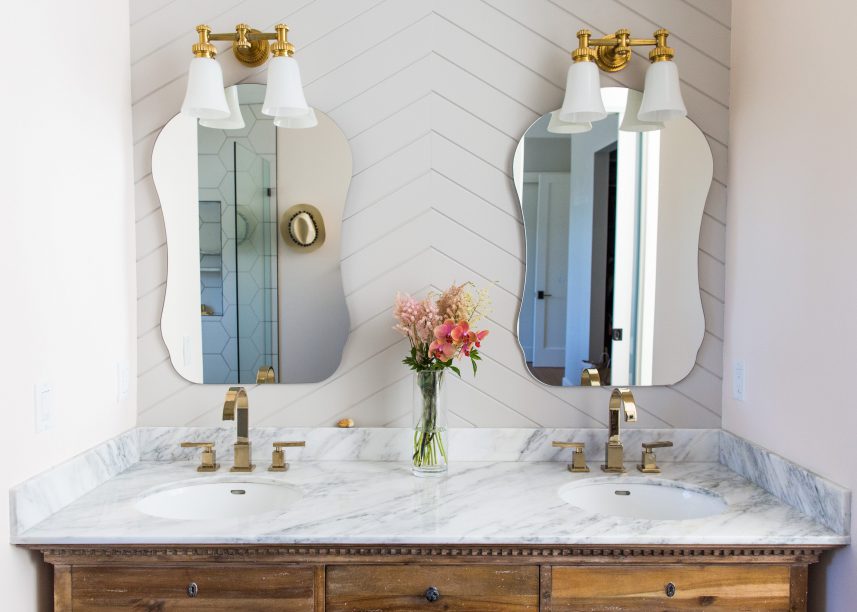 Rustic Glam Bathroom, Double Wooden And Marble Vanity, Double Mirrors, Brass Plumbing Fixtures