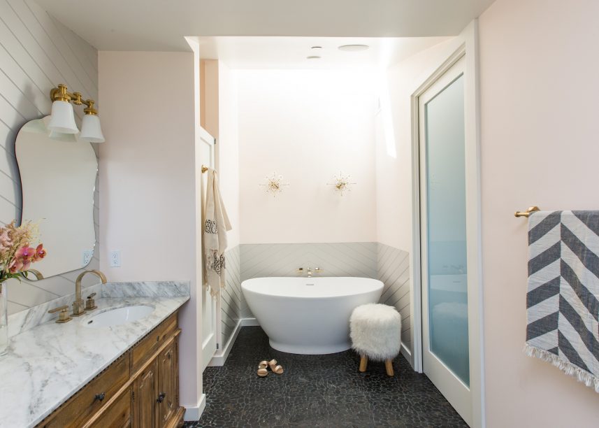 Spa Bathroom, Floating Tub, Chevron Paneling, Black Pebble Tiled Floors