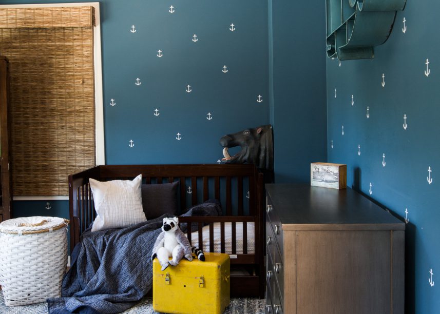 Rustic Glam Boys Bedroom, Blue Anchor Wallpaper, Rope Pendent Light
