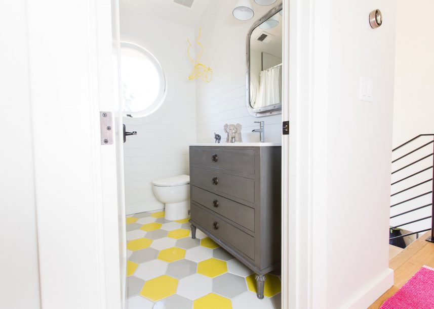 Grey White Yellow Honeycomb Bathroom Floors, Unique Bathroom, Fun Floors