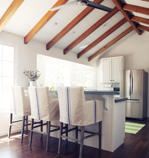 Modern Farmhouse Kitchen, Exposed Beams, Pitched Ceilings, Bright And Airy, Striped Stools, Simple Living