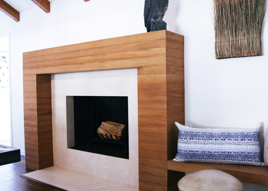 Cozy Fireplace, Modern Organic Fireplace, Exposed Beams, Bench Seat Off Fireplace, Slated Wood Fireplace Mantel