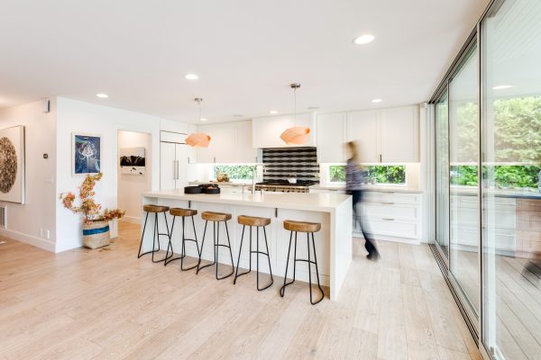 Bright And Airy, Light Interior, Modern Wooden Stools, Kitchen Island Waterfall Edge,