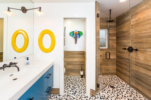 Colorful Bathroom, Mosaic Tiles, Blue Cabinets, Playful Bathroom
