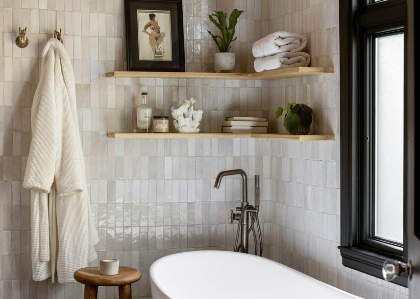 soaking tub, zellige tile, handmade tile, floating shelves