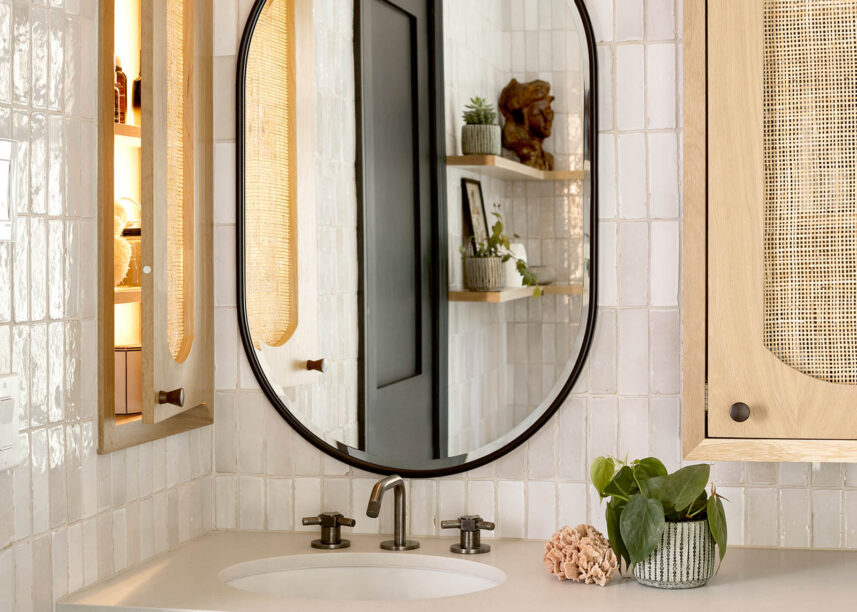 natural wood cabinets, organic bathroom, spa bathroom, pillbox mirror,