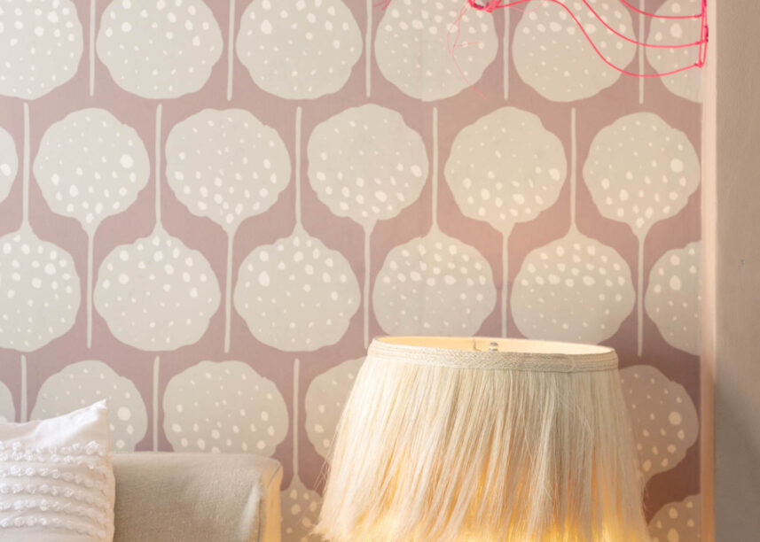 girls room, textured lamp,  pink wallpaper
